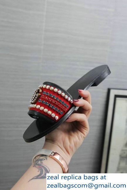 Gucci Velvet Slide Sandals With Crystals 525366 Red 2019