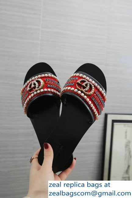 Gucci Velvet Slide Sandals With Crystals 525366 Red 2019 - Click Image to Close