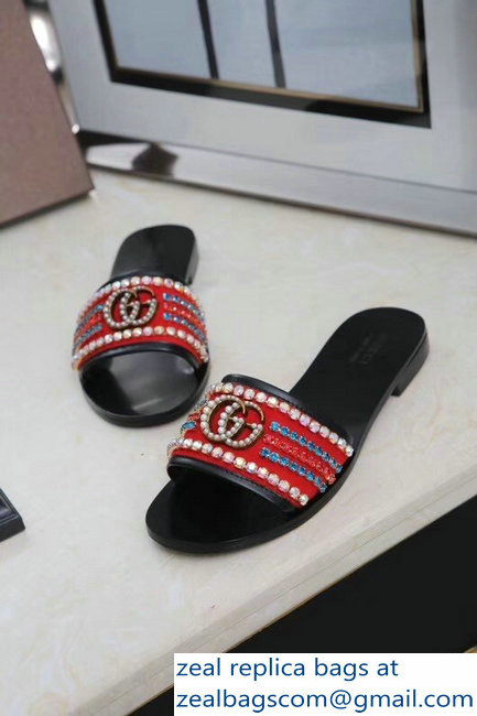 Gucci Velvet Slide Sandals With Crystals 525366 Red 2019 - Click Image to Close