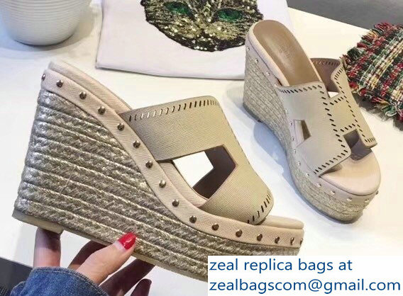 Hermes Epsom Leather Platform 4cm Wedge Heel 11cm Studded Espadrille Sandals Beige - Click Image to Close