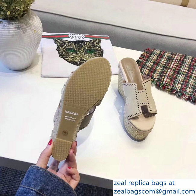 Hermes Epsom Leather Platform 4cm Wedge Heel 11cm Studded Espadrille Sandals Beige - Click Image to Close