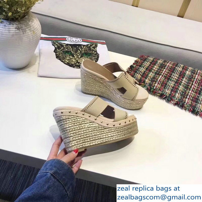 Hermes Epsom Leather Platform 4cm Wedge Heel 11cm Studded Espadrille Sandals Beige - Click Image to Close