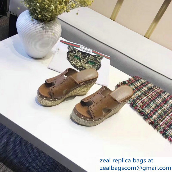 Hermes Epsom Leather Platform 4cm Wedge Heel 11cm Studded Espadrille Sandals Brown