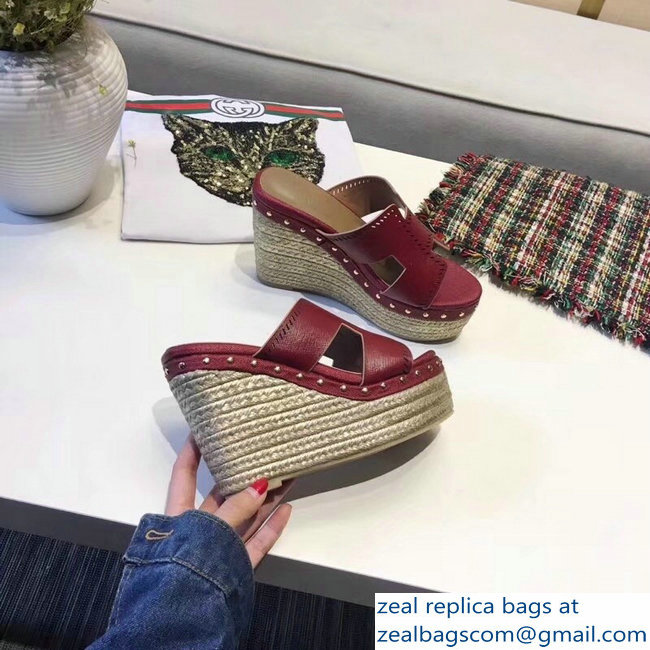 Hermes Epsom Leather Platform 4cm Wedge Heel 11cm Studded Espadrille Sandals Dark Red - Click Image to Close