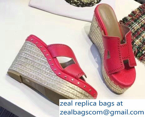 Hermes Epsom Leather Platform 4cm Wedge Heel 11cm Studded Espadrille Sandals Fuchsia