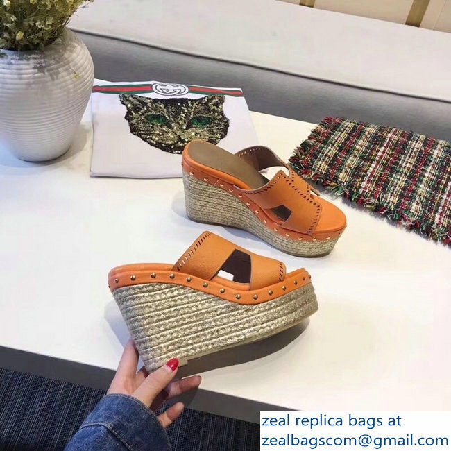 Hermes Epsom Leather Platform 4cm Wedge Heel 11cm Studded Espadrille Sandals Orange - Click Image to Close