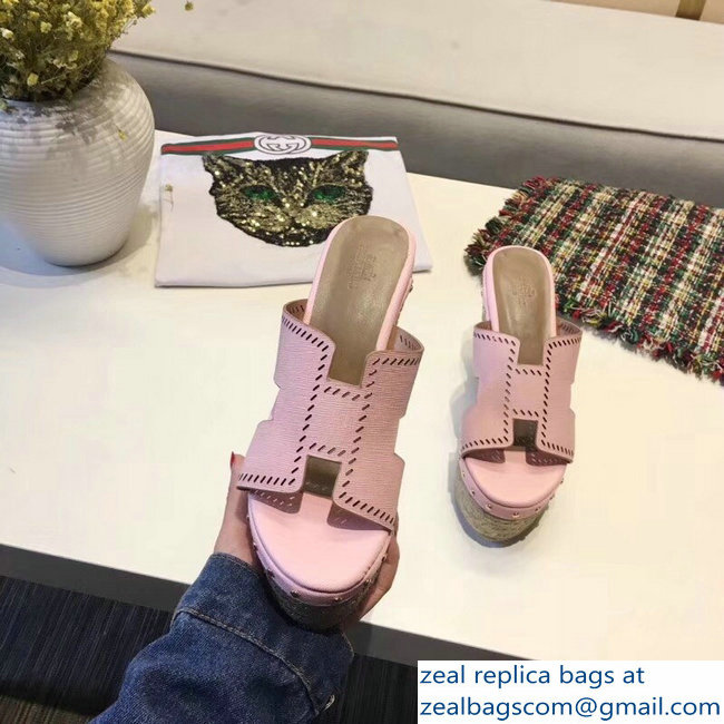 Hermes Epsom Leather Platform 4cm Wedge Heel 11cm Studded Espadrille Sandals Pink