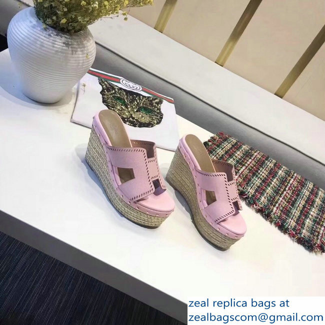 Hermes Epsom Leather Platform 4cm Wedge Heel 11cm Studded Espadrille Sandals Pink - Click Image to Close