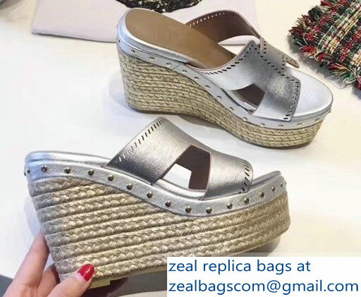 Hermes Epsom Leather Platform 4cm Wedge Heel 11cm Studded Espadrille Sandals Silver - Click Image to Close