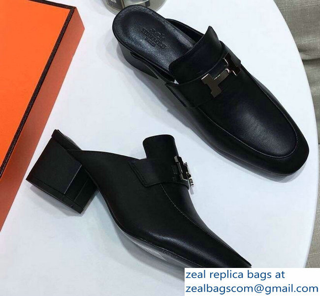 Hermes Heel 4.5cm Paradis Mules With Palladium-Plated H Buckle All Black - Click Image to Close