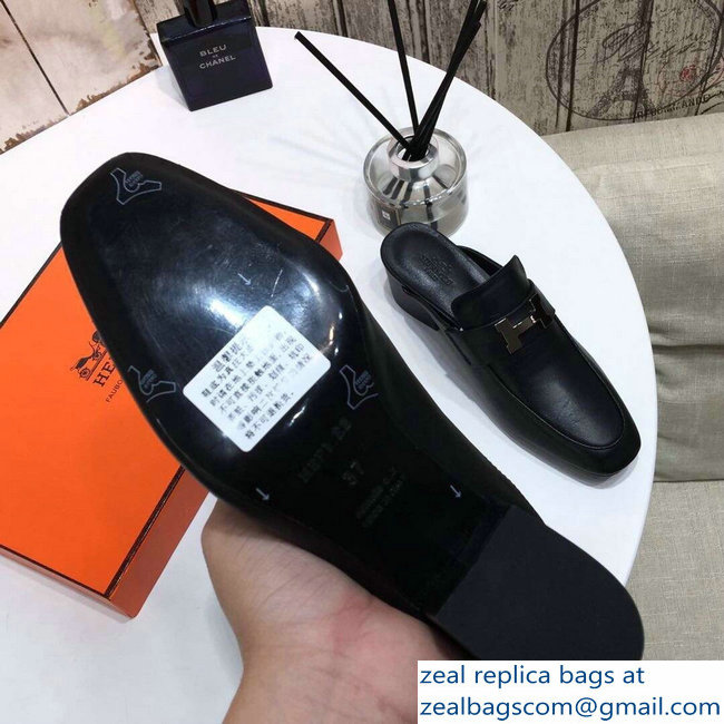Hermes Heel 4.5cm Paradis Mules With Palladium-Plated H Buckle All Black - Click Image to Close