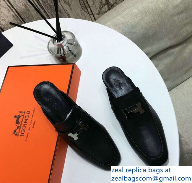 Hermes Heel 4.5cm Paradis Mules With Palladium-Plated H Buckle All Black - Click Image to Close