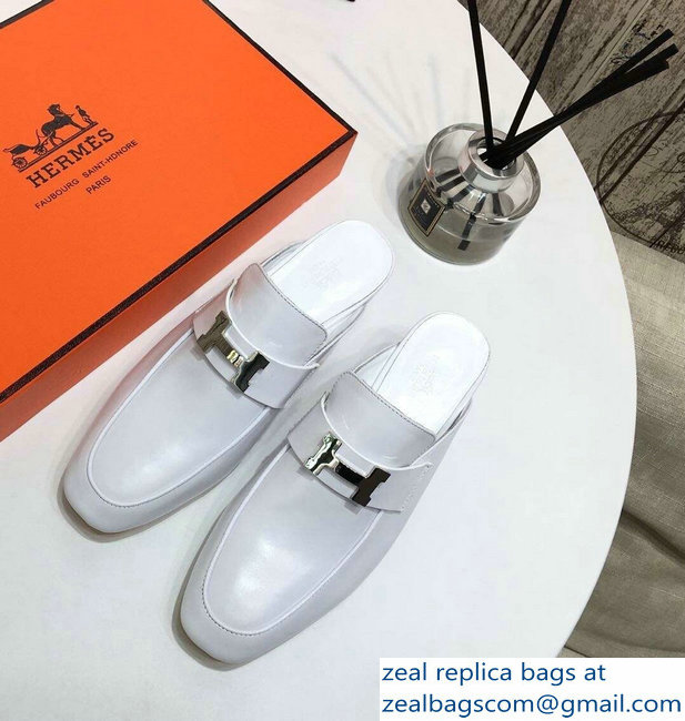 Hermes Heel 4.5cm Paradis Mules With Palladium-Plated H Buckle White - Click Image to Close