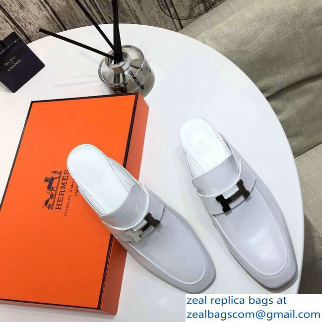 Hermes Heel 4.5cm Paradis Mules With Palladium-Plated H Buckle White - Click Image to Close