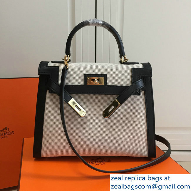 Hermes Kelly 28CM/32CM Bag In swift leather/canvas black With Gold Hardware - Click Image to Close