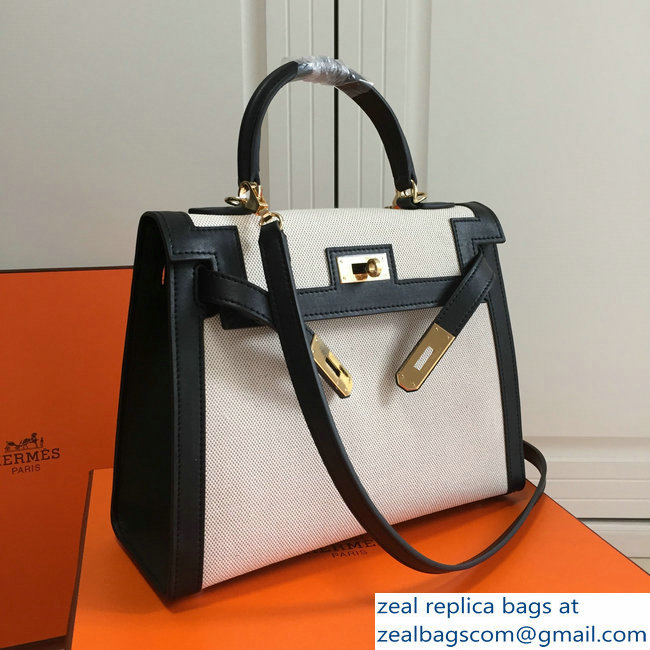 Hermes Kelly 28CM/32CM Bag In swift leather/canvas black With Gold Hardware - Click Image to Close