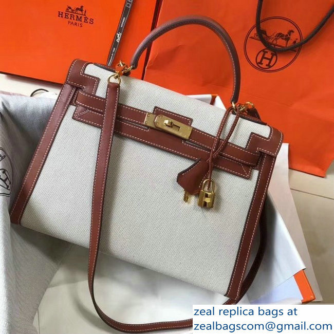 Hermes Kelly 28CM/32CM Bag In swift leather/canvas brown With Gold Hardware - Click Image to Close