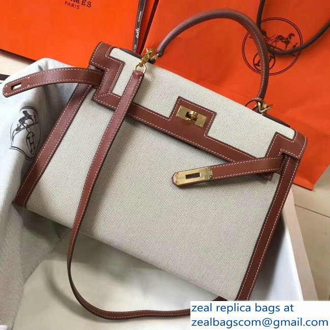 Hermes Kelly 28CM/32CM Bag In swift leather/canvas brown With Gold Hardware - Click Image to Close