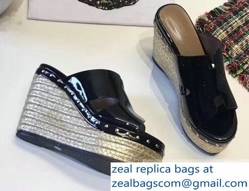 Hermes Patent Leather Platform 4cm Wedge Heel 11cm Studded Espadrille Sandals Black