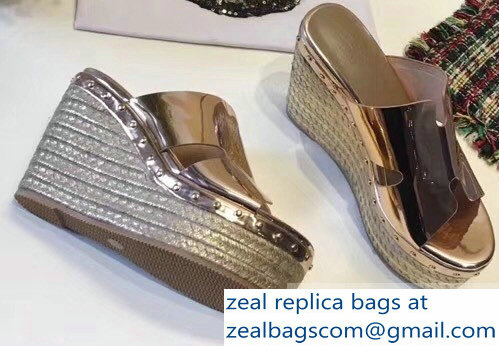 Hermes Patent Leather Platform 4cm Wedge Heel 11cm Studded Espadrille Sandals Gold