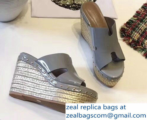 Hermes Patent Leather Platform 4cm Wedge Heel 11cm Studded Espadrille Sandals Gray