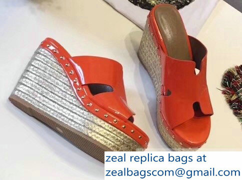 Hermes Patent Leather Platform 4cm Wedge Heel 11cm Studded Espadrille Sandals Orange