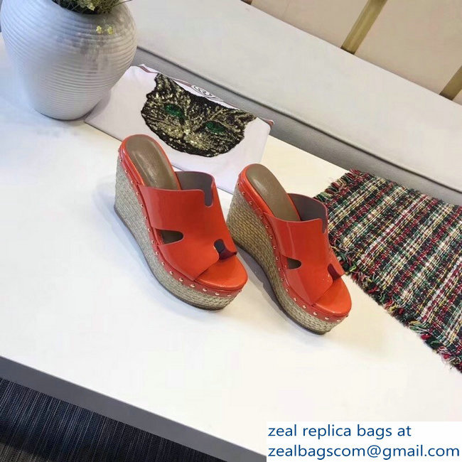 Hermes Patent Leather Platform 4cm Wedge Heel 11cm Studded Espadrille Sandals Orange