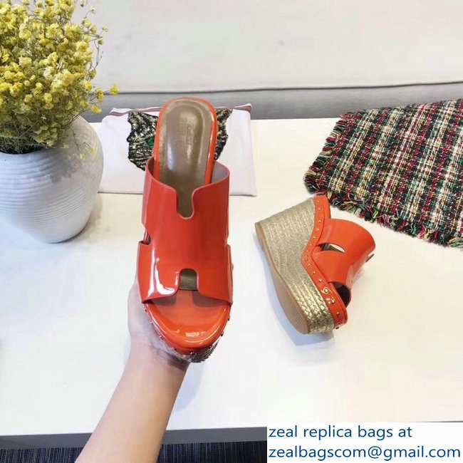 Hermes Patent Leather Platform 4cm Wedge Heel 11cm Studded Espadrille Sandals Orange