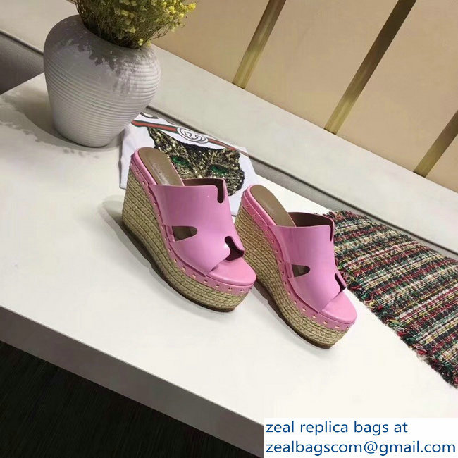 Hermes Patent Leather Platform 4cm Wedge Heel 11cm Studded Espadrille Sandals Pink