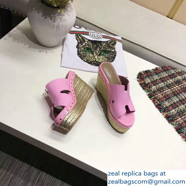 Hermes Patent Leather Platform 4cm Wedge Heel 11cm Studded Espadrille Sandals Pink
