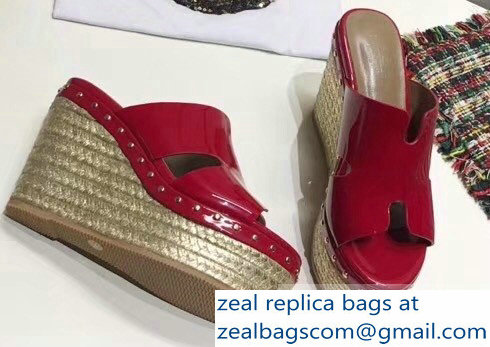 Hermes Patent Leather Platform 4cm Wedge Heel 11cm Studded Espadrille Sandals Red - Click Image to Close
