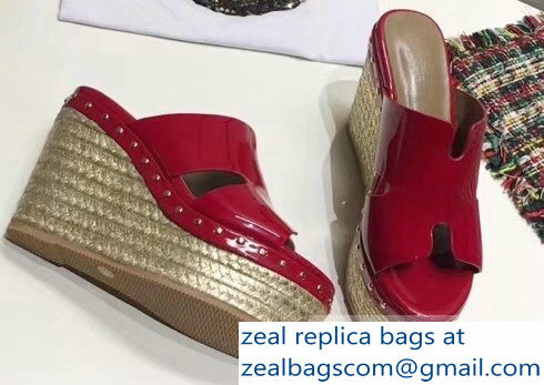 Hermes Patent Leather Platform 4cm Wedge Heel 11cm Studded Espadrille Sandals Red