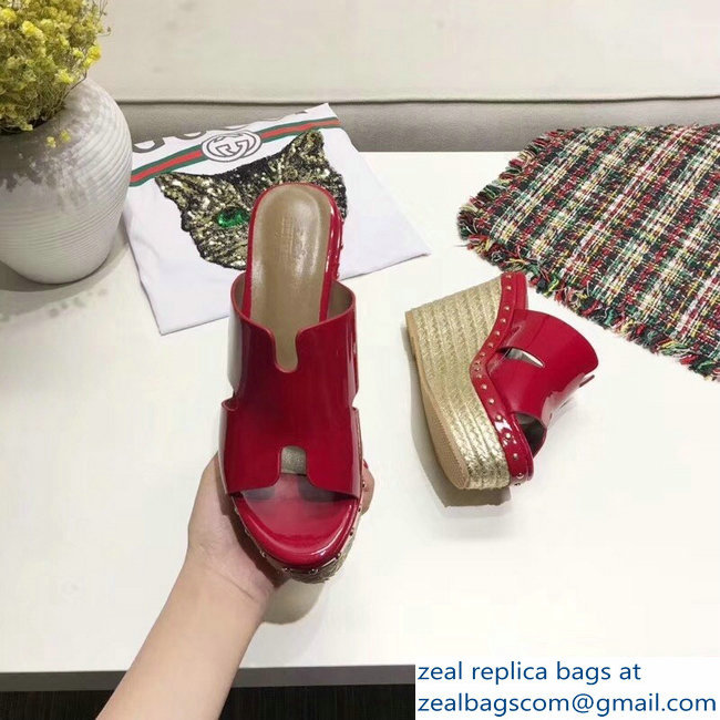 Hermes Patent Leather Platform 4cm Wedge Heel 11cm Studded Espadrille Sandals Red