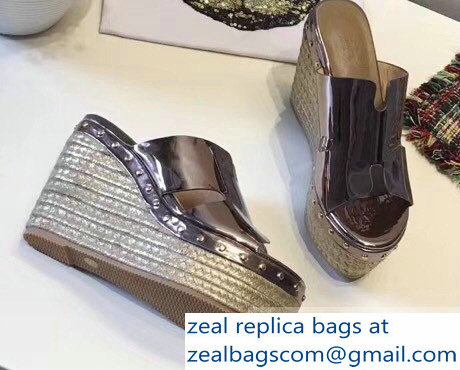 Hermes Patent Leather Platform 4cm Wedge Heel 11cm Studded Espadrille Sandals Silver Gray