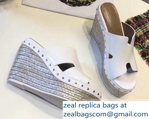 Hermes Patent Leather Platform 4cm Wedge Heel 11cm Studded Espadrille Sandals White