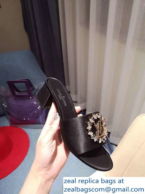 Louis Vuitton Heel 4.5cm Strass-paved LV Circle Satin Madeleine Mules Black 2019 - Click Image to Close