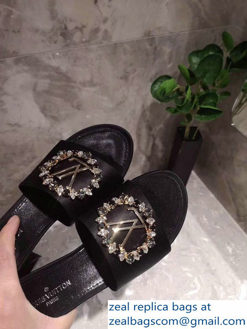 Louis Vuitton Heel 4.5cm Strass-paved LV Circle Satin Madeleine Mules Black 2019