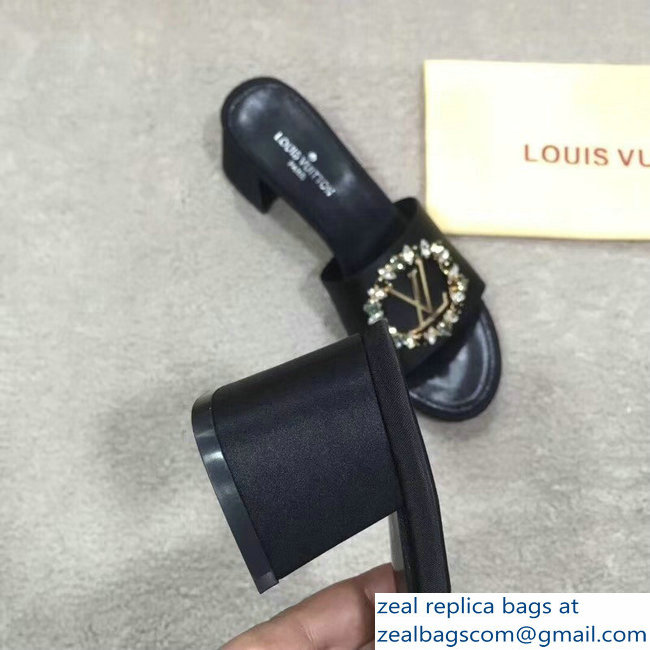 Louis Vuitton Heel 4.5cm Strass-paved LV Circle Satin Madeleine Mules Black 2019