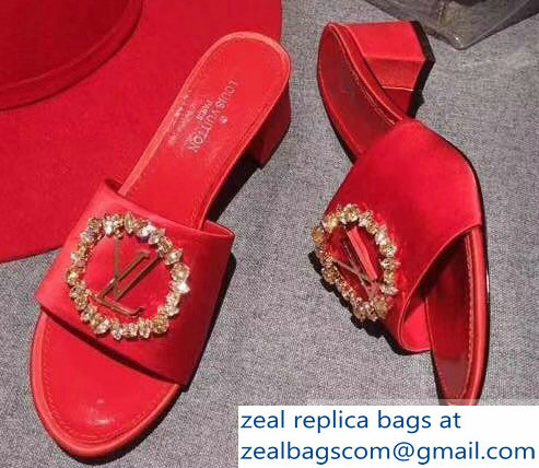 Louis Vuitton Heel 4.5cm Strass-paved LV Circle Satin Madeleine Mules Red 2019 - Click Image to Close