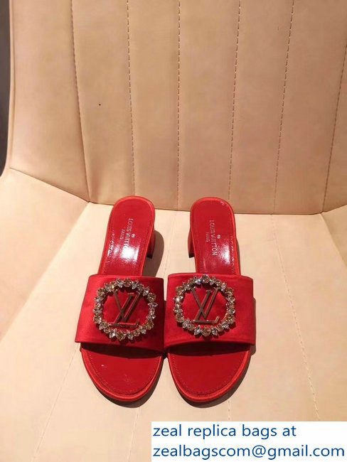 Louis Vuitton Heel 4.5cm Strass-paved LV Circle Satin Madeleine Mules Red 2019 - Click Image to Close