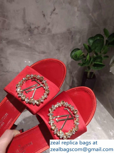 Louis Vuitton Heel 4.5cm Strass-paved LV Circle Satin Madeleine Mules Red 2019 - Click Image to Close