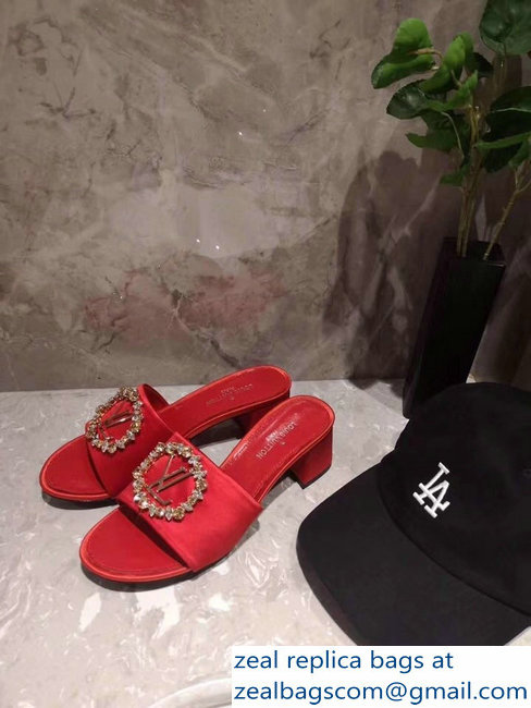 Louis Vuitton Heel 4.5cm Strass-paved LV Circle Satin Madeleine Mules Red 2019 - Click Image to Close