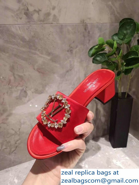 Louis Vuitton Heel 4.5cm Strass-paved LV Circle Satin Madeleine Mules Red 2019