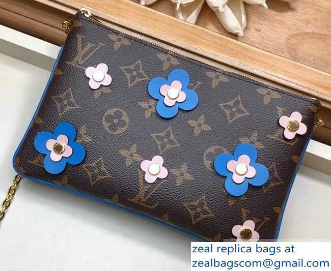 Louis Vuitton Monogram Canvas Blooming Flowers Pochette Double Zip Bag M63905 Blue 2019