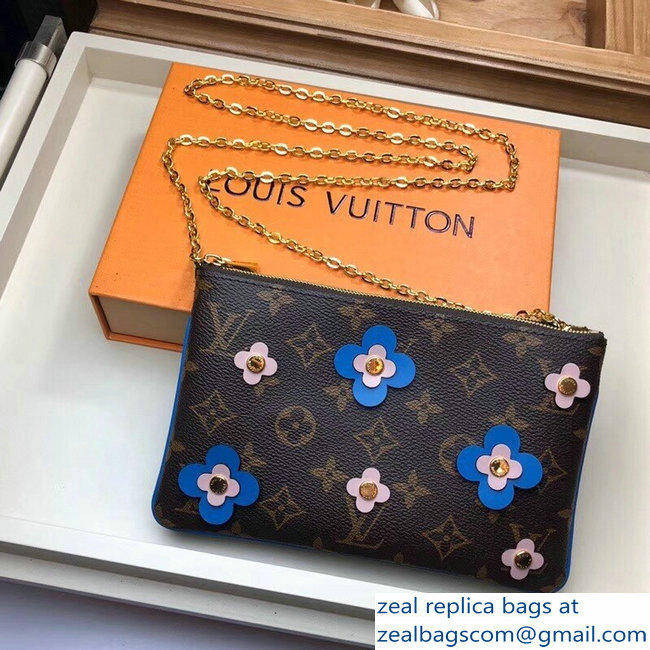 Louis Vuitton Monogram Canvas Blooming Flowers Pochette Double Zip Bag M63905 Blue 2019