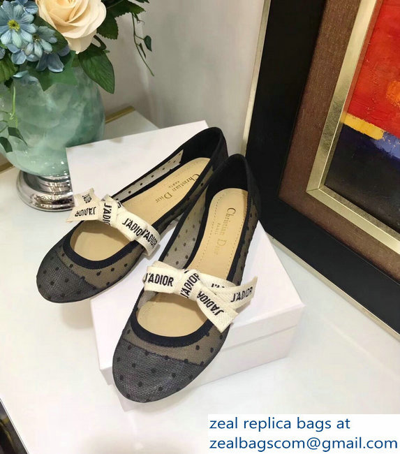 Miss Dior J'Adior And Bow Ribbon Ballet Pumps Dotted Swiss Tulle Black 2019 - Click Image to Close