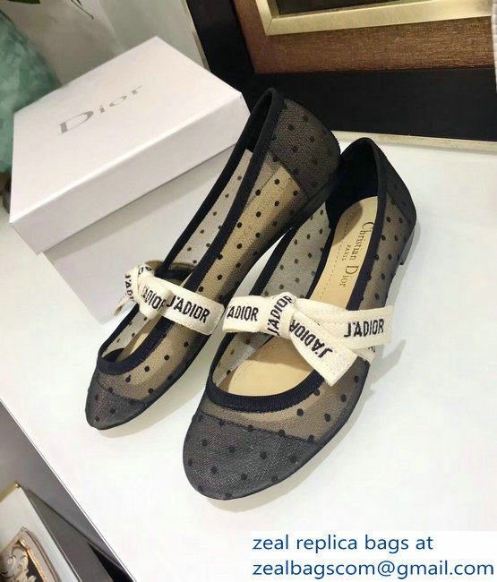 Miss Dior J'Adior And Bow Ribbon Ballet Pumps Dotted Swiss Tulle Black 2019 - Click Image to Close