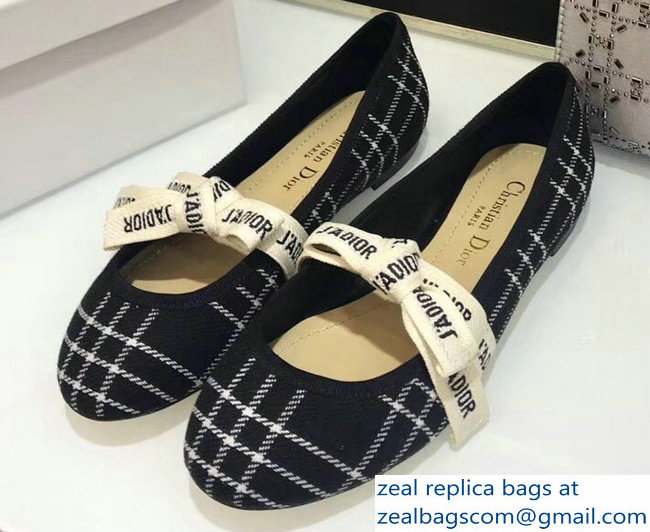 Miss Dior J'Adior And Bow Ribbon Ballet Pumps Tartan Fabric Black/White 2019 - Click Image to Close