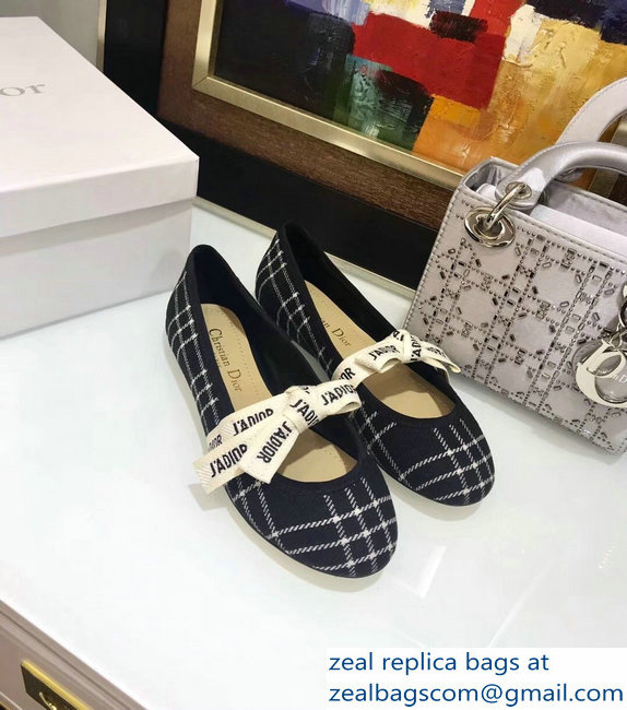 Miss Dior J'Adior And Bow Ribbon Ballet Pumps Tartan Fabric Black/White 2019 - Click Image to Close