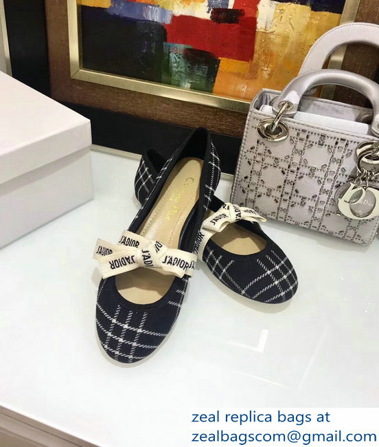 Miss Dior J'Adior And Bow Ribbon Ballet Pumps Tartan Fabric Black/White 2019 - Click Image to Close